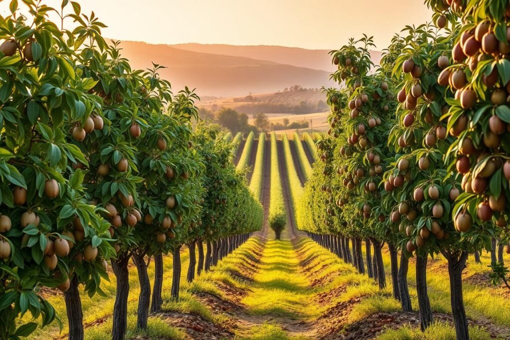 A vibrant display of hazelnut tree varieties thriving in the Spanish landscape. In the foreground, distinct cultivars stand tall, their leaves rustling in a soft breeze, showcasing the diversity of shapes, colors, and textures. The middle ground reveals a lush orchard, with rows of hazelnut trees casting gentle shadows across the fertile soil. In the background, rolling hills and a warm, golden-hour sky create a picturesque pastoral scene, evoking the essence of the Spanish countryside. Crisp, high-resolution detail captures the intricate structures and unique characteristics of each hazelnut variety, inviting the viewer to appreciate the natural beauty and horticultural richness of this essential crop. A vibrant display of hazelnut tree varieties thriving in the Spanish landscape. In the foreground, distinct cultivars stand tall, their leaves rustling in a soft breeze, showcasing the diversity of shapes, colors, and textures. The middle ground reveals a lush orchard, with rows of hazelnut trees casting gentle shadows across the fertile soil. In the background, rolling hills and a warm, golden-hour sky create a picturesque pastoral scene, evoking the essence of the Spanish countryside. Crisp, high-resolution detail captures the intricate structures and unique characteristics of each hazelnut variety, inviting the viewer to appreciate the natural beauty and horticultural richness of this essential crop.