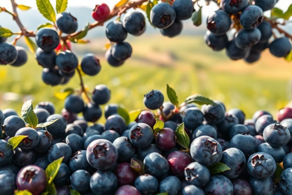 A vibrant display of varied blueberry cultivars, showcased against a softly blurred natural backdrop. The foreground features an array of plump, juicy berries in diverse hues - deep indigo, dusky purple, and lush azure. Delicate leaves and slender, woody stems provide a lush, organic framing. The middle ground hints at a verdant, sun-dappled field, with hints of rolling hills and a hazy, azure sky beyond. Soft, diffused lighting casts a warm, golden glow, evoking a sense of abundance and tranquility. Captured with a shallow depth of field, creating a painterly, artistic impression that highlights the rich textures and vibrant colors of these recommended Spanish blueberry varieties.