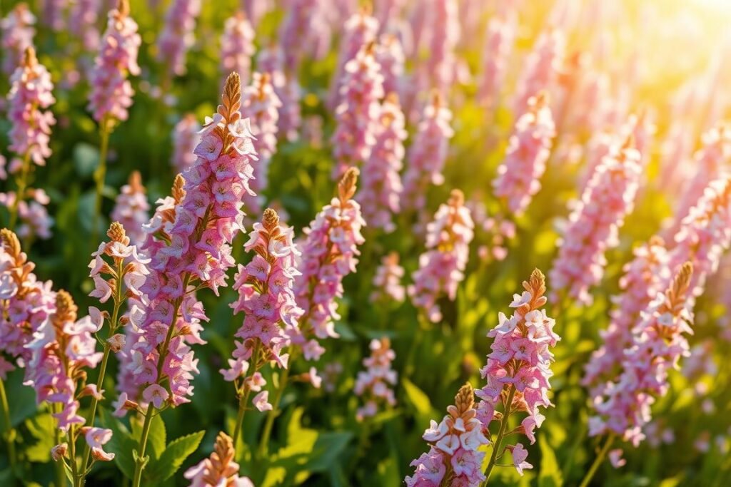 A vibrant field of blooming stock flowers (Matthiola incana) in the golden light of a warm spring day. The alhelí plants are covered in clusters of delicate, fragrant flowers in shades of lavender, pink, and white, their petals softly illuminated by the sun's gentle rays. The flowers sway gently in a light breeze, their verdant green leaves providing a lush, natural backdrop. The composition captures the ideal planting season for these charming, easy-to-grow annuals, showcasing their beauty and the perfect conditions for their cultivation. A vibrant field of blooming stock flowers (Matthiola incana) in the golden light of a warm spring day. The alhelí plants are covered in clusters of delicate, fragrant flowers in shades of lavender, pink, and white, their petals softly illuminated by the sun's gentle rays. The flowers sway gently in a light breeze, their verdant green leaves providing a lush, natural backdrop. The composition captures the ideal planting season for these charming, easy-to-grow annuals, showcasing their beauty and the perfect conditions for their cultivation.