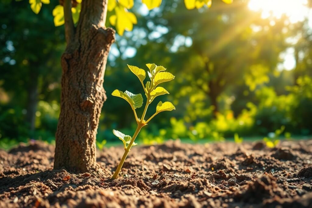 A vibrant, sun-drenched garden scene showcasing the planting of a young fig tree. In the foreground, the gnarled, weathered trunk and lush green foliage of the sapling fig tree stand out in sharp focus, its delicate new leaves unfurling towards the light. The middle ground features carefully tilled soil, enriched with organic matter, forming a fertile bed for the plant's roots to take hold. In the background, a backdrop of verdant trees and shrubbery creates a sense of depth and natural abundance. Soft, golden sunlight filters through the canopy, casting a warm, inviting glow over the entire composition. The overall mood is one of growth, renewal, and the promise of bountiful figs to come. A vibrant, sun-drenched garden scene showcasing the planting of a young fig tree. In the foreground, the gnarled, weathered trunk and lush green foliage of the sapling fig tree stand out in sharp focus, its delicate new leaves unfurling towards the light. The middle ground features carefully tilled soil, enriched with organic matter, forming a fertile bed for the plant's roots to take hold. In the background, a backdrop of verdant trees and shrubbery creates a sense of depth and natural abundance. Soft, golden sunlight filters through the canopy, casting a warm, inviting glow over the entire composition. The overall mood is one of growth, renewal, and the promise of bountiful figs to come.