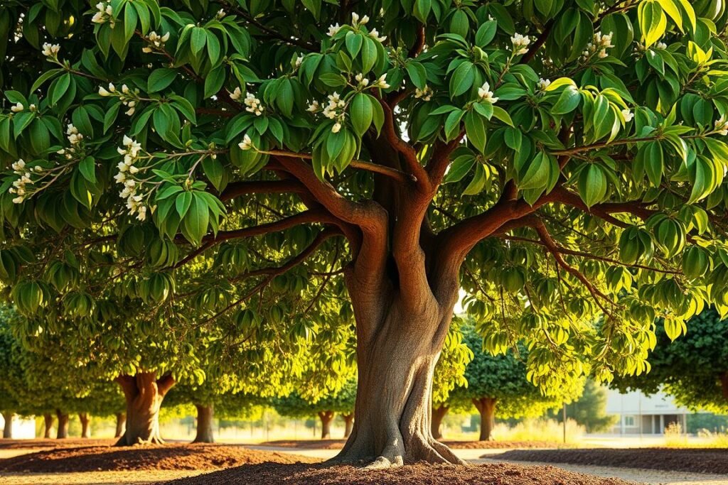 A vibrant, well-nourished carob tree stands tall, its lush, verdant foliage glistening in the warm, golden sunlight. The sturdy trunk rises from a bed of rich, dark soil, its twisted bark texture adding depth and character. Delicate, cream-colored blossoms dot the branches, hinting at the future sweet pods to come. The scene is captured from a low angle, emphasizing the tree's majestic presence and commanding stature. The background is softly blurred, allowing the healthy, thriving algarrobo to take center stage, its robust and thriving form serving as the perfect example of a carefully selected specimen.