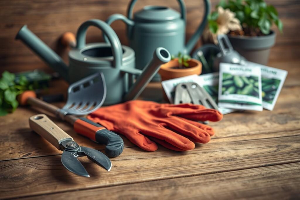 A well-lit, high-resolution close-up photograph of a neatly arranged collection of gardening tools on a wooden surface. In the foreground, a small hand trowel, pruning shears, and a pair of gardening gloves. In the middle ground, a watering can, a small rake, and a garden hoe. In the background, a few packets of vegetable seeds, including cucumber seeds, and a small terracotta plant pot. The image has a warm, earthy color palette, conveying a sense of tranquility and productivity associated with gardening. The lighting is soft and diffused, creating gentle shadows and highlighting the textures of the tools. A well-lit, high-resolution close-up photograph of a neatly arranged collection of gardening tools on a wooden surface. In the foreground, a small hand trowel, pruning shears, and a pair of gardening gloves. In the middle ground, a watering can, a small rake, and a garden hoe. In the background, a few packets of vegetable seeds, including cucumber seeds, and a small terracotta plant pot. The image has a warm, earthy color palette, conveying a sense of tranquility and productivity associated with gardening. The lighting is soft and diffused, creating gentle shadows and highlighting the textures of the tools.