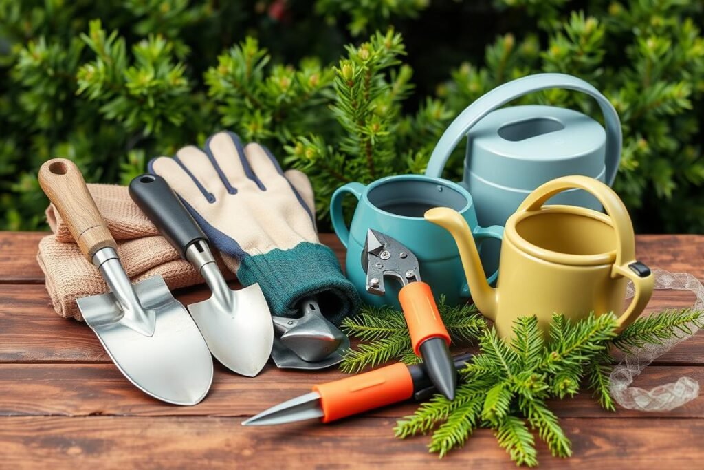 A well-lit, high-resolution image of an assortment of gardening tools arranged neatly on a wooden surface, including a trowel, gardening gloves, a small spade, a pruning shear, and a watering can, all placed against a backdrop of lush, verdant foliage, suggesting the tools needed to plant and care for a young fir tree. A well-lit, high-resolution image of an assortment of gardening tools arranged neatly on a wooden surface, including a trowel, gardening gloves, a small spade, a pruning shear, and a watering can, all placed against a backdrop of lush, verdant foliage, suggesting the tools needed to plant and care for a young fir tree.