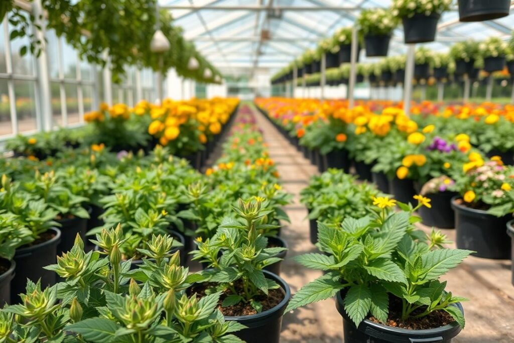 A well-lit nursery greenhouse filled with lush, vibrant stocks of wallflower plants (Erysimum cheiri) in various stages of growth. The foreground showcases a cluster of potted wallflower seedlings, their green foliage and tiny buds suggesting their imminent blooming. The middle ground features larger, more mature wallflower plants in larger containers, their flowers in full, colorful display - a mix of warm yellows, oranges, and purples. The background depicts rows of additional wallflower plants, creating a visually pleasing, harmonious composition. Natural sunlight filters through the greenhouse's glass panels, casting a soft, gentle glow over the entire scene. The overall atmosphere conveys a sense of tranquility, growth, and the beauty of these classic garden flowers. A well-lit nursery greenhouse filled with lush, vibrant stocks of wallflower plants (Erysimum cheiri) in various stages of growth. The foreground showcases a cluster of potted wallflower seedlings, their green foliage and tiny buds suggesting their imminent blooming. The middle ground features larger, more mature wallflower plants in larger containers, their flowers in full, colorful display - a mix of warm yellows, oranges, and purples. The background depicts rows of additional wallflower plants, creating a visually pleasing, harmonious composition. Natural sunlight filters through the greenhouse's glass panels, casting a soft, gentle glow over the entire scene. The overall atmosphere conveys a sense of tranquility, growth, and the beauty of these classic garden flowers.