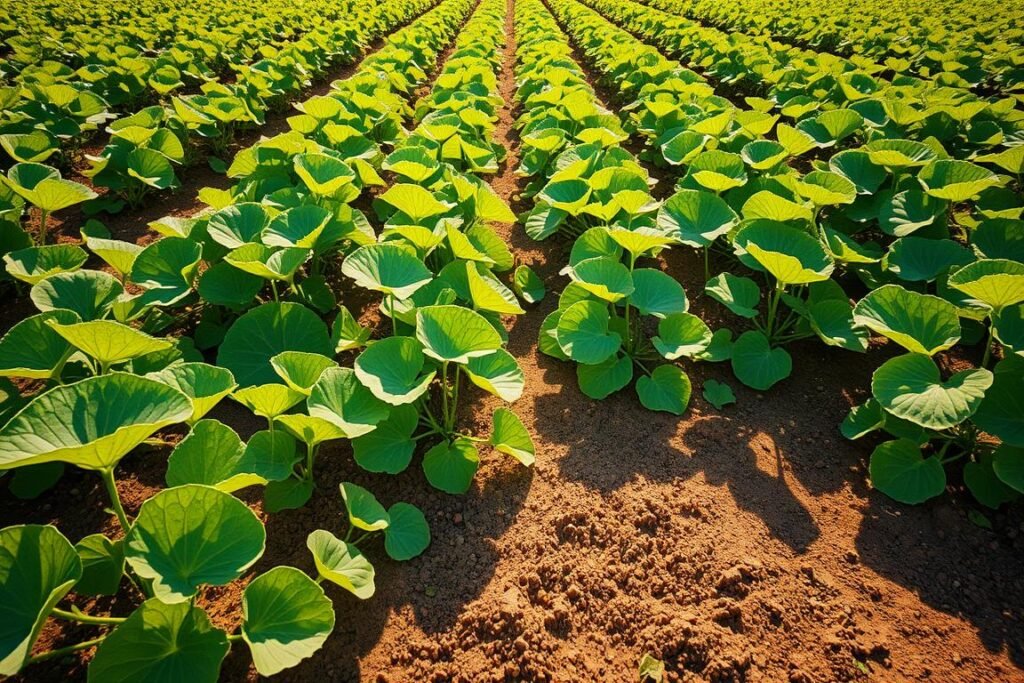 A well-organized and spacious melon patch, with vibrant green watermelon vines spreading across a sun-dappled field. The plants are evenly spaced, their large, rounded leaves casting gentle shadows on the rich, loamy soil. A slight breeze rustles the foliage, hinting at the future harvest. The scene is captured with a wide-angle lens, emphasizing the balanced layout and efficient use of space. Warm, golden natural lighting illuminates the scene, creating a sense of harmony and productivity. This visually appealing layout showcases the ideal distance between watermelon plants, providing a practical and aesthetically pleasing reference for the article's "Espacio y distribución de las plantas" section.