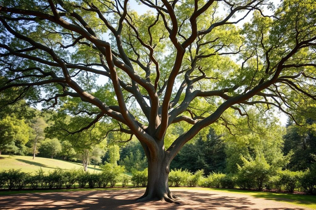 A well-pruned, healthy Fraxinus tree in a serene, natural setting. The tree's distinct ash-gray bark and graceful, spreading branches are clearly visible, casting soft shadows on the ground below. Dappled sunlight filters through the tree's vibrant green foliage, creating a warm, tranquil atmosphere. The camera angle captures the tree's full form, emphasizing its elegant structure and natural beauty. The background features a lush, verdant landscape, hinting at the tree's ideal growing environment. Crisp, high-resolution details and natural lighting enhance the realism of the scene, inviting the viewer to appreciate the art of pruning and shaping this majestic Fraxinus specimen.