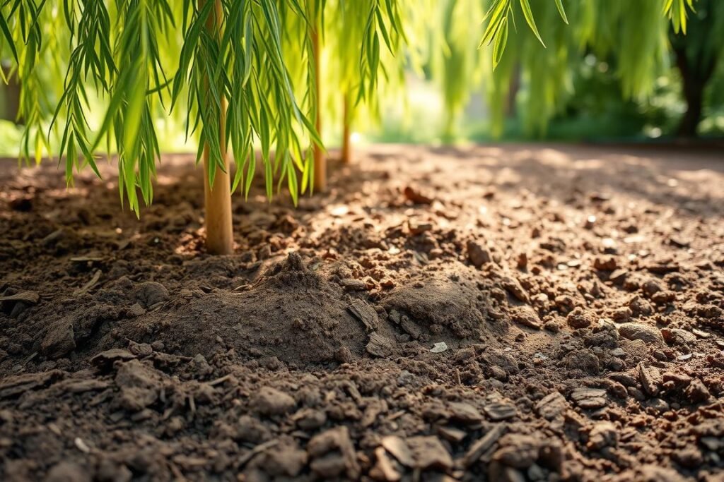 A well-tilled soil bed with a rich, dark brown substrate, carefully prepared for the planting of a weeping willow tree. The texture is a blend of moist, loamy earth and finely ground organic matter, creating an ideal foundation for the tree's delicate root system. Soft, diffused natural light filters through a lush, verdant canopy, casting a gentle, calming glow over the scene. The overall atmosphere is one of tranquility and nurturing, setting the stage for the graceful growth of the iconic weeping willow. A well-tilled soil bed with a rich, dark brown substrate, carefully prepared for the planting of a weeping willow tree. The texture is a blend of moist, loamy earth and finely ground organic matter, creating an ideal foundation for the tree's delicate root system. Soft, diffused natural light filters through a lush, verdant canopy, casting a gentle, calming glow over the scene. The overall atmosphere is one of tranquility and nurturing, setting the stage for the graceful growth of the iconic weeping willow.