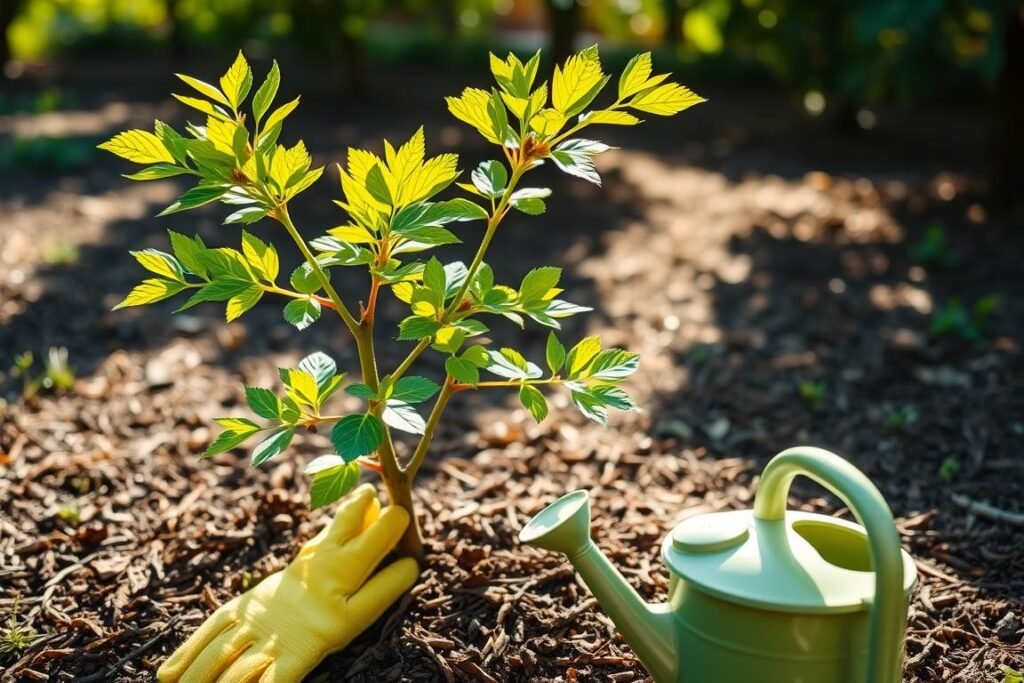 A young hazelnut sapling thriving in a well-tended garden bed, its vibrant green leaves gently swaying in the soft breeze. The soil around the base is neatly mulched, retaining moisture and suppressing weeds. Sunlight filters through the canopy, casting a warm, golden glow on the scene. In the foreground, a pair of gardening gloves and a watering can stand ready, indicating the careful attention being paid to the plant's initial care and growth. The overall atmosphere is one of nurturing and attentive cultivation, reflecting the section's focus on the critical early stages of hazelnut tree establishment. A young hazelnut sapling thriving in a well-tended garden bed, its vibrant green leaves gently swaying in the soft breeze. The soil around the base is neatly mulched, retaining moisture and suppressing weeds. Sunlight filters through the canopy, casting a warm, golden glow on the scene. In the foreground, a pair of gardening gloves and a watering can stand ready, indicating the careful attention being paid to the plant's initial care and growth. The overall atmosphere is one of nurturing and attentive cultivation, reflecting the section's focus on the critical early stages of hazelnut tree establishment.