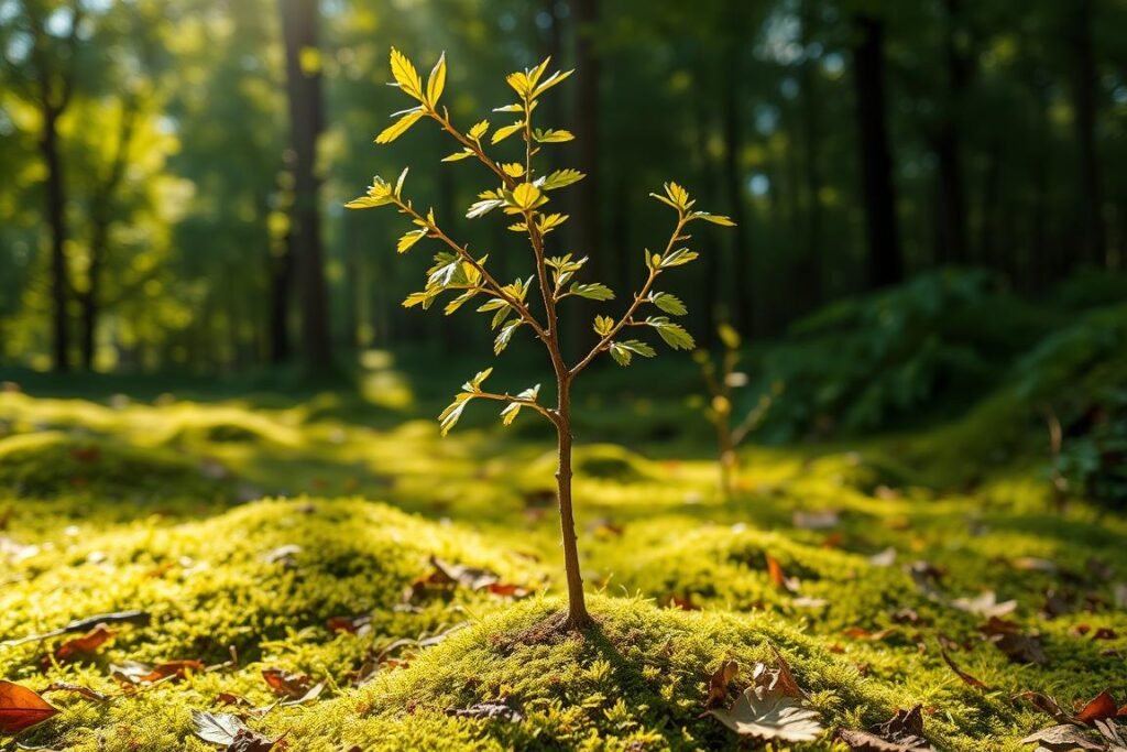 A young oak sapling standing in a lush, verdant forest glade. Sunlight filters through the canopy, casting a warm, golden glow on the delicate leaves and tender bark. The sapling's slender trunk sways gently in a soft breeze, its branches reaching upwards with hopeful anticipation. The ground around the base is blanketed in a carpet of emerald moss and fallen leaves, providing a nurturing environment for the oak's growth. The scene conveys a sense of tranquility and the promise of the sapling's future as it embarks on its journey to maturity.