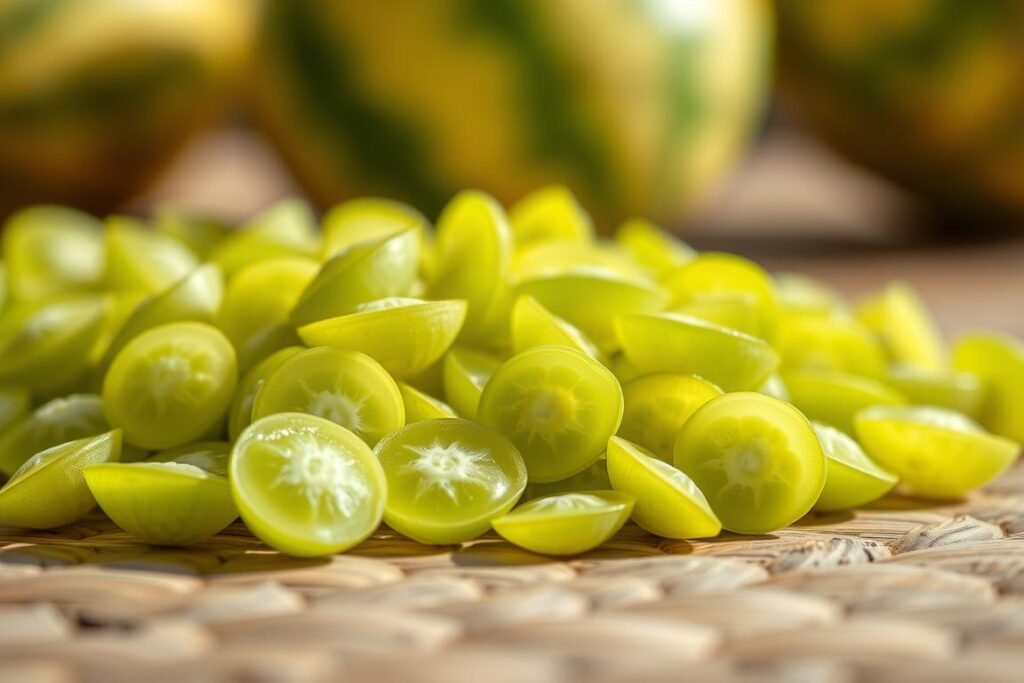 Close-up shot of bright green watermelon seeds arranged on a wooden surface, with soft, natural lighting illuminating the translucent textures and organic shapes. The seeds are positioned in a visually appealing and symmetrical manner, showcasing their unique patterns and details. The background is slightly blurred, creating a sense of focus on the foreground elements. The overall tone is warm and inviting, evoking a sense of anticipation for the growth and cultivation of these essential materials for planting watermelons.