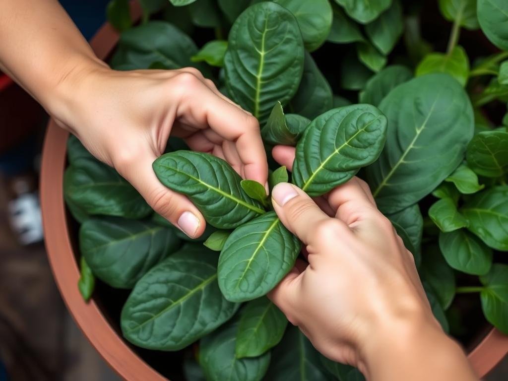 Cosecha de hojas de espinaca maduras listas para consumir Cosecha de hojas de espinaca maduras listas para consumir