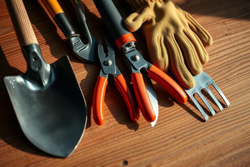 Detailed close-up of a set of gardening tools arranged neatly on a wooden surface, including a shovel, pruning shears, trowel, small rake, and a pair of gloves. The tools are well-maintained, with a clean and organized appearance. Warm, natural lighting from the side casts soft shadows, creating a sense of depth and dimension. The background is a simple, uncluttered wood texture, allowing the tools to be the focal point. The overall mood is one of preparedness and care, reflecting the importance of the right equipment for planting an oak tree.
