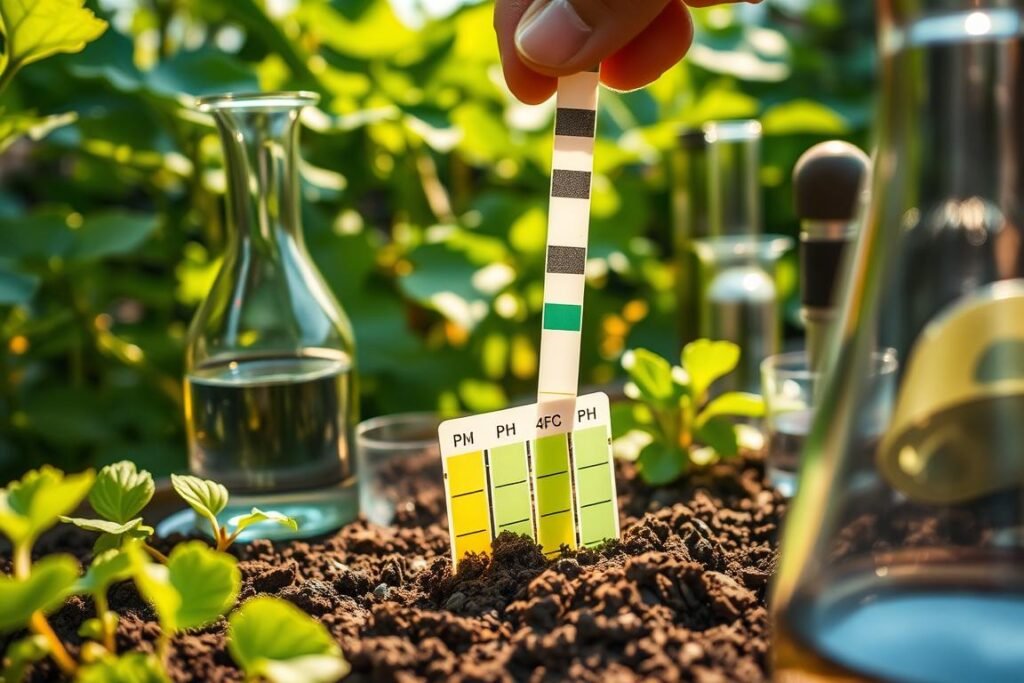 Detailed soil pH analysis: A close-up view of a soil sample being tested with pH strips, surrounded by scientific glassware and instruments against a backdrop of lush, verdant garden foliage. Warm, natural lighting casts a soft glow, emphasizing the precision and care taken in assessing the soil's acidity levels, crucial for healthy cucumber growth. The scene conveys a sense of scientific inquiry and environmental stewardship, aligning with the article's focus on preparing the soil for optimal cucumber cultivation. Detailed soil pH analysis: A close-up view of a soil sample being tested with pH strips, surrounded by scientific glassware and instruments against a backdrop of lush, verdant garden foliage. Warm, natural lighting casts a soft glow, emphasizing the precision and care taken in assessing the soil's acidity levels, crucial for healthy cucumber growth. The scene conveys a sense of scientific inquiry and environmental stewardship, aligning with the article's focus on preparing the soil for optimal cucumber cultivation.