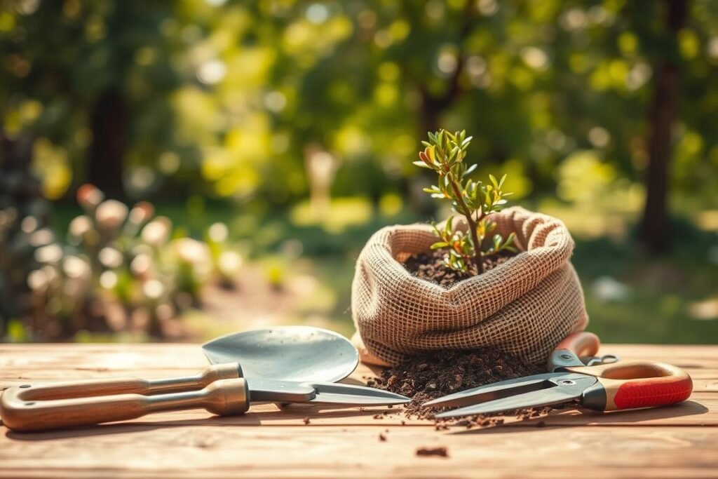 Detailed still life arrangement of gardening tools necessary for planting an acacia tree. In the foreground, a shovel, pruning shears, and a trowel arranged neatly on a wooden surface. In the middle ground, a burlap sack containing potting soil and a small acacia sapling. In the background, a verdant, out-of-focus garden setting, with dappled sunlight filtering through the trees. The lighting is warm and natural, creating a calming, earthy atmosphere. The composition is balanced and visually appealing, showcasing the essential tools required for the task at hand. Detailed still life arrangement of gardening tools necessary for planting an acacia tree. In the foreground, a shovel, pruning shears, and a trowel arranged neatly on a wooden surface. In the middle ground, a burlap sack containing potting soil and a small acacia sapling. In the background, a verdant, out-of-focus garden setting, with dappled sunlight filtering through the trees. The lighting is warm and natural, creating a calming, earthy atmosphere. The composition is balanced and visually appealing, showcasing the essential tools required for the task at hand.