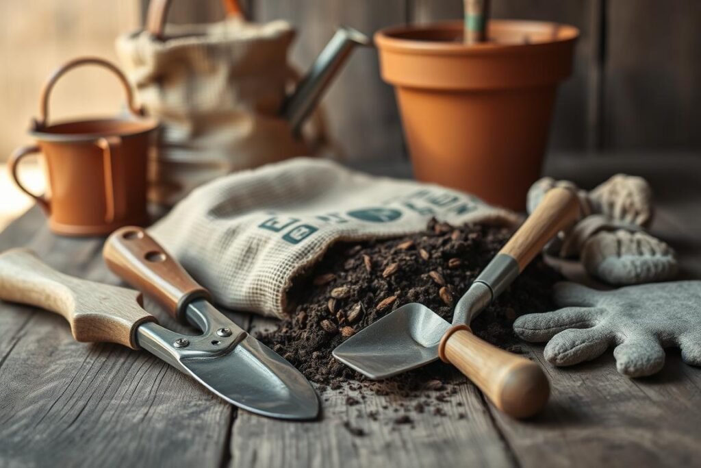 Detailed still life of gardening tools for planting an almond tree. Foreground features a wooden trowel, pruning shears, and a small shovel with a metal head and wooden handle. Middle ground shows a burlap sack of potting soil and a gardening glove. Background has a terra cotta planter, a small watering can, and a few river rocks. Soft, natural daylight illuminates the scene from the left, casting subtle shadows. Items are arranged neatly on a weathered wooden surface, conveying a sense of preparedness and care for the almond tree planting process. Overall, a tranquil, rustic composition highlighting the essential tools needed for this gardening task.