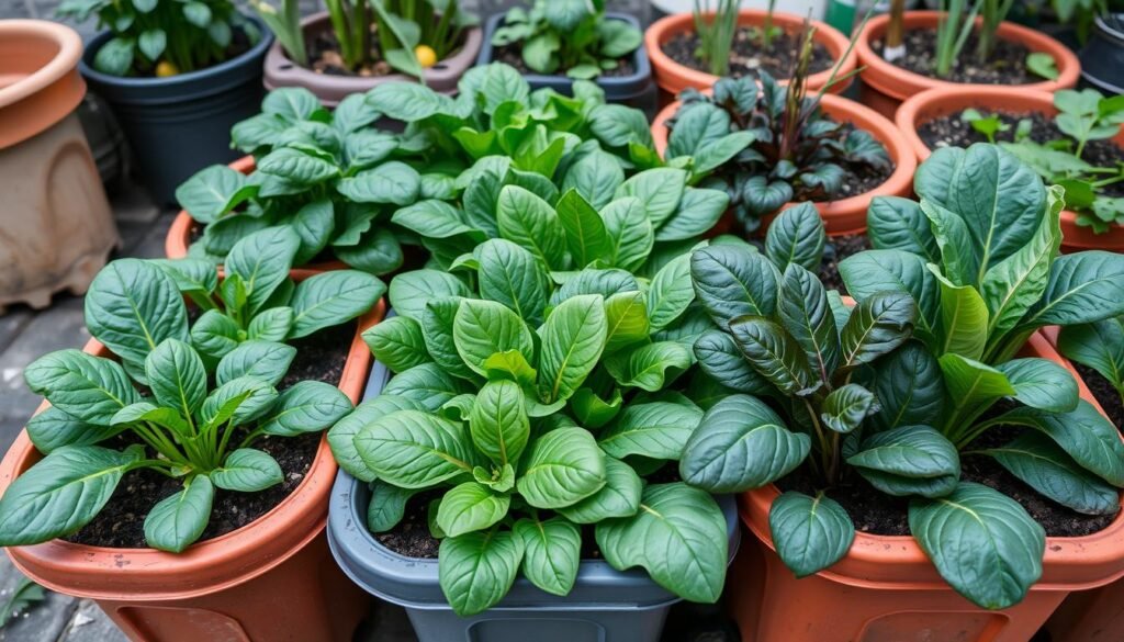 Diferentes variedades de espinacas cultivadas en un huerto urbano