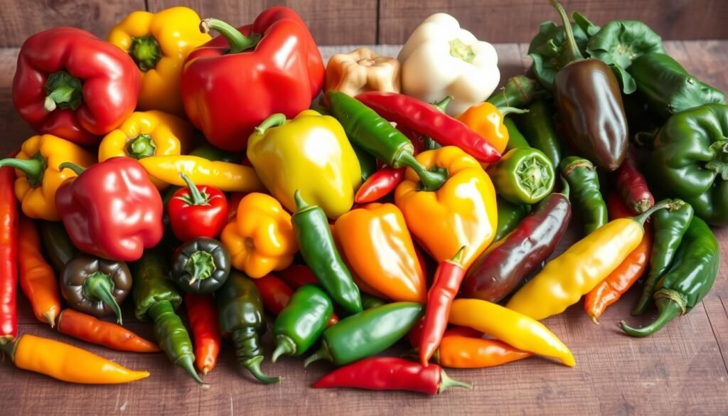 Diferentes variedades de pimientos mostrando colores y formas diversas Diferentes variedades de pimientos mostrando colores y formas diversas