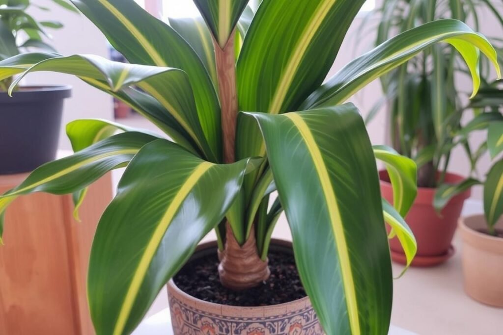 Drácena Massangeana con hojas anchas y franja amarilla Drácena Massangeana con hojas anchas y franja amarilla