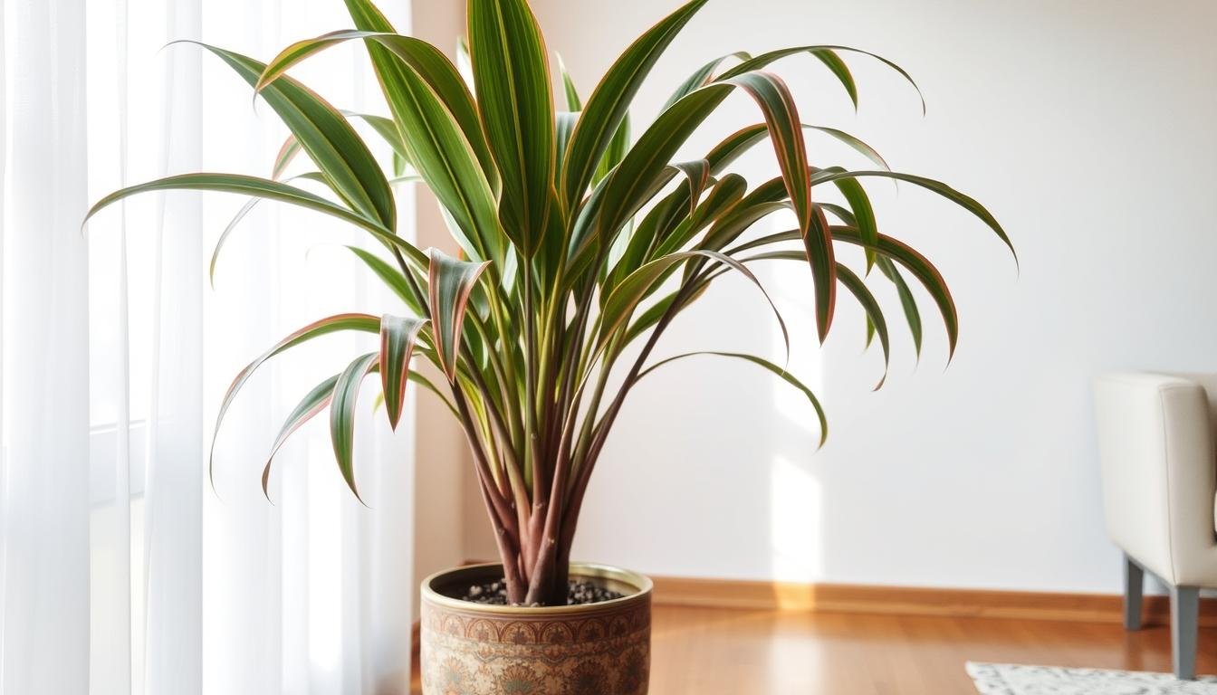 Drácena marginata adulta en maceta dentro de una sala luminosa mostrando cómo plantar una drácena en casa paso a paso