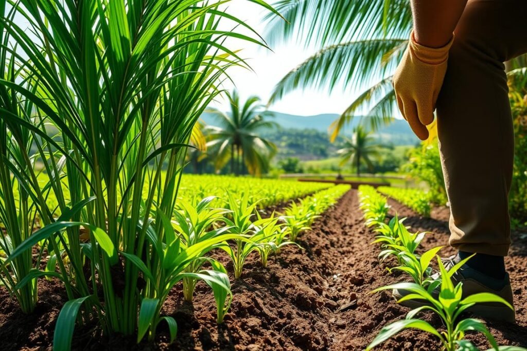 Lush green citronella plants in a tropical garden setting, their long, vibrant leaves gently swaying in the warm breeze. In the foreground, a gardener's gloved hands carefully tending to the soil, planting new seedlings with care and precision. The middle ground showcases the orderly rows of established citronella, their rich, earthy tones complemented by the dappled sunlight filtering through the canopy above. In the background, a verdant landscape of swaying palm fronds and distant hills, creating a serene, natural atmosphere. Soft, diffused lighting illuminates the scene, casting gentle shadows and highlighting the intricate textures of the plants. A crisp, high-resolution image captured with a wide-angle lens to encompass the entire planting process. Lush green citronella plants in a tropical garden setting, their long, vibrant leaves gently swaying in the warm breeze. In the foreground, a gardener's gloved hands carefully tending to the soil, planting new seedlings with care and precision. The middle ground showcases the orderly rows of established citronella, their rich, earthy tones complemented by the dappled sunlight filtering through the canopy above. In the background, a verdant landscape of swaying palm fronds and distant hills, creating a serene, natural atmosphere. Soft, diffused lighting illuminates the scene, casting gentle shadows and highlighting the intricate textures of the plants. A crisp, high-resolution image captured with a wide-angle lens to encompass the entire planting process.