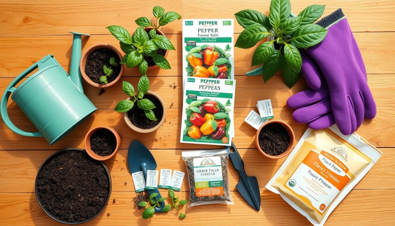 Materiales necesarios para plantar pimientos incluyendo semillas, macetas, sustrato y herramientas básicas