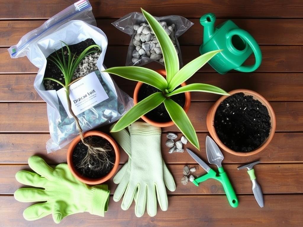 Materiales necesarios para plantar una drácena en casa paso a paso organizados sobre una mesa Materiales necesarios para plantar una drácena en casa paso a paso organizados sobre una mesa