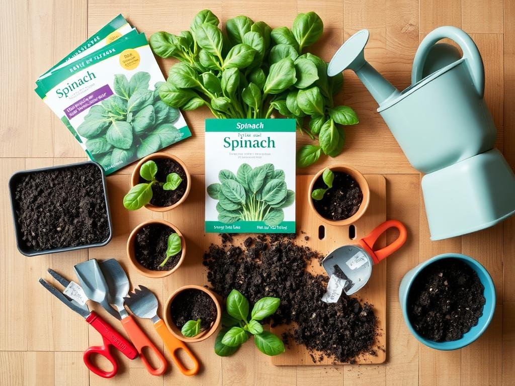 Materiales para plantar espinacas en casa incluyendo semillas, macetas y sustrato Materiales para plantar espinacas en casa incluyendo semillas, macetas y sustrato