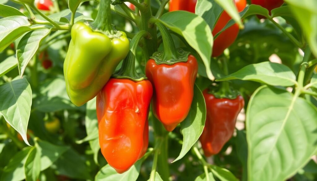 Pimientos en diferentes estados de maduración listos para cosechar Pimientos en diferentes estados de maduración listos para cosechar