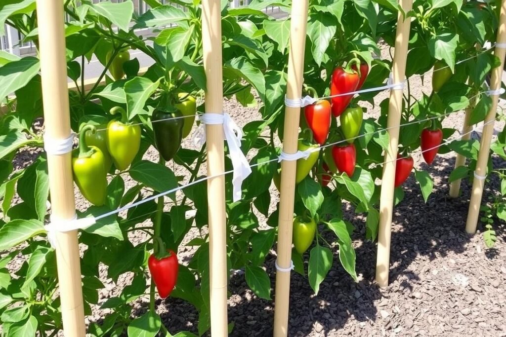 Plantas de pimiento con tutores para sostener el peso de los frutos Plantas de pimiento con tutores para sostener el peso de los frutos