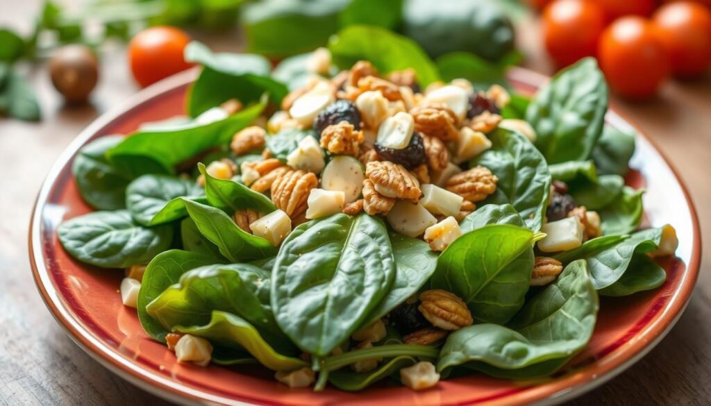 Plato de ensalada fresca con espinacas recién cosechadas del huerto Plato de ensalada fresca con espinacas recién cosechadas del huerto