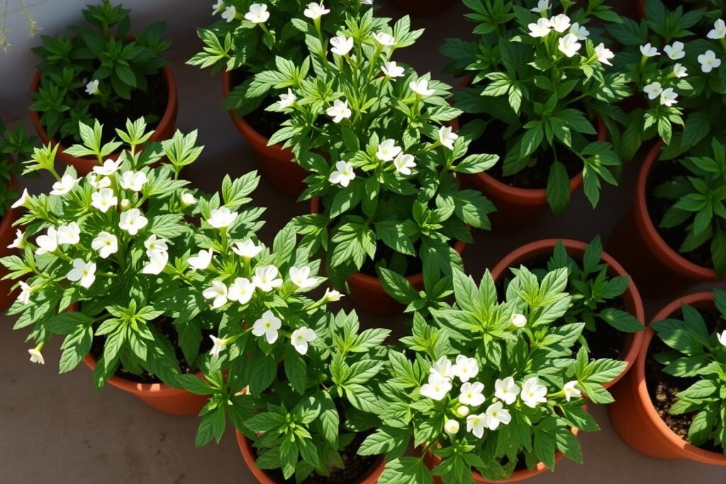 Potted citronella plants, their lush green foliage and delicate white flowers, arranged in a harmonious display. Sunlight filters gently through the leaves, casting soft shadows on the terracotta pots. The composition is balanced, with the plants taking center stage, surrounded by a clean, minimalist background. The overall mood is serene and inviting, reflecting the natural beauty of this aromatic herb. The camera angle is slightly elevated, providing a bird's-eye view of the arrangement, emphasizing the orderly, yet organic nature of the potted citronella plantation.