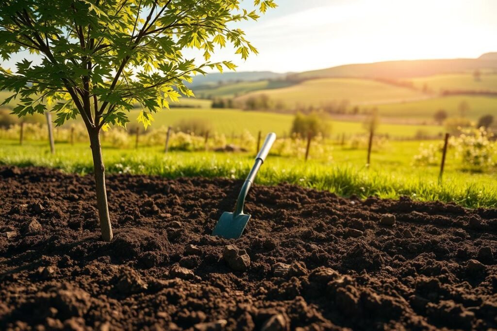 Prepare the soil for a thriving Acer tree: a lush, verdant scene with a freshly tilled garden bed in the foreground, exposing rich, dark earth ready for planting. In the middle ground, gardening tools - a spade, rake, and hoe - rest neatly, hinting at the careful preparation underway. The background showcases a picturesque countryside setting, with rolling hills and a bright, azure sky overhead, creating a serene, pastoral atmosphere. Warm, golden sunlight filters through, casting a soft glow and gentle shadows across the scene, evoking a sense of tranquility and anticipation for the growth to come. Prepare the soil for a thriving Acer tree: a lush, verdant scene with a freshly tilled garden bed in the foreground, exposing rich, dark earth ready for planting. In the middle ground, gardening tools - a spade, rake, and hoe - rest neatly, hinting at the careful preparation underway. The background showcases a picturesque countryside setting, with rolling hills and a bright, azure sky overhead, creating a serene, pastoral atmosphere. Warm, golden sunlight filters through, casting a soft glow and gentle shadows across the scene, evoking a sense of tranquility and anticipation for the growth to come.