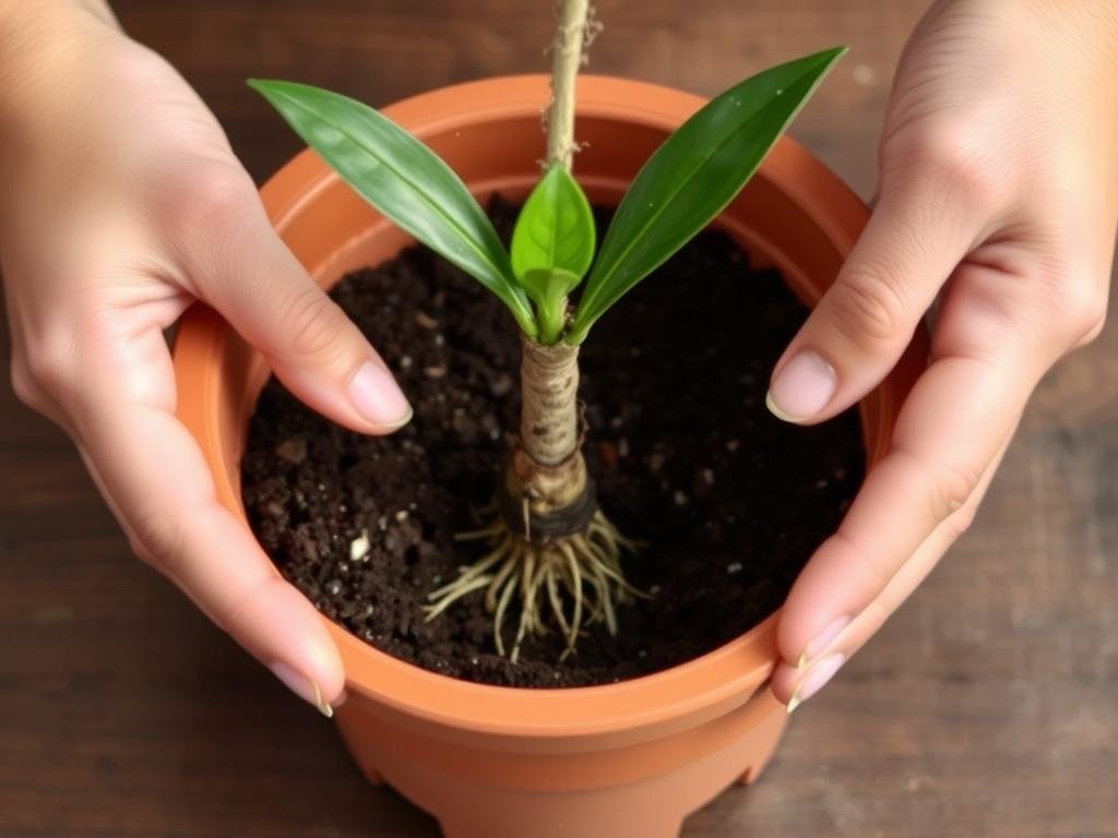 Proceso de colocación de un esqueje de drácena en la maceta con tierra Proceso de colocación de un esqueje de drácena en la maceta con tierra