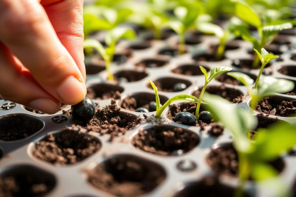 Proceso de siembra de pimientos en semillero con semillas germinando Proceso de siembra de pimientos en semillero con semillas germinando