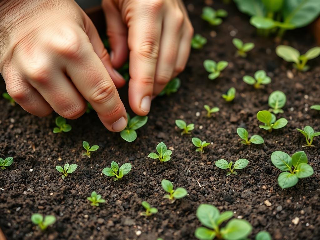 Siembra de semillas de espinaca en surcos pequeños Siembra de semillas de espinaca en surcos pequeños