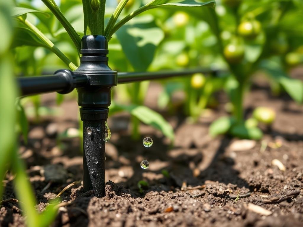 Sistema de riego por goteo en plantas de pimiento Sistema de riego por goteo en plantas de pimiento