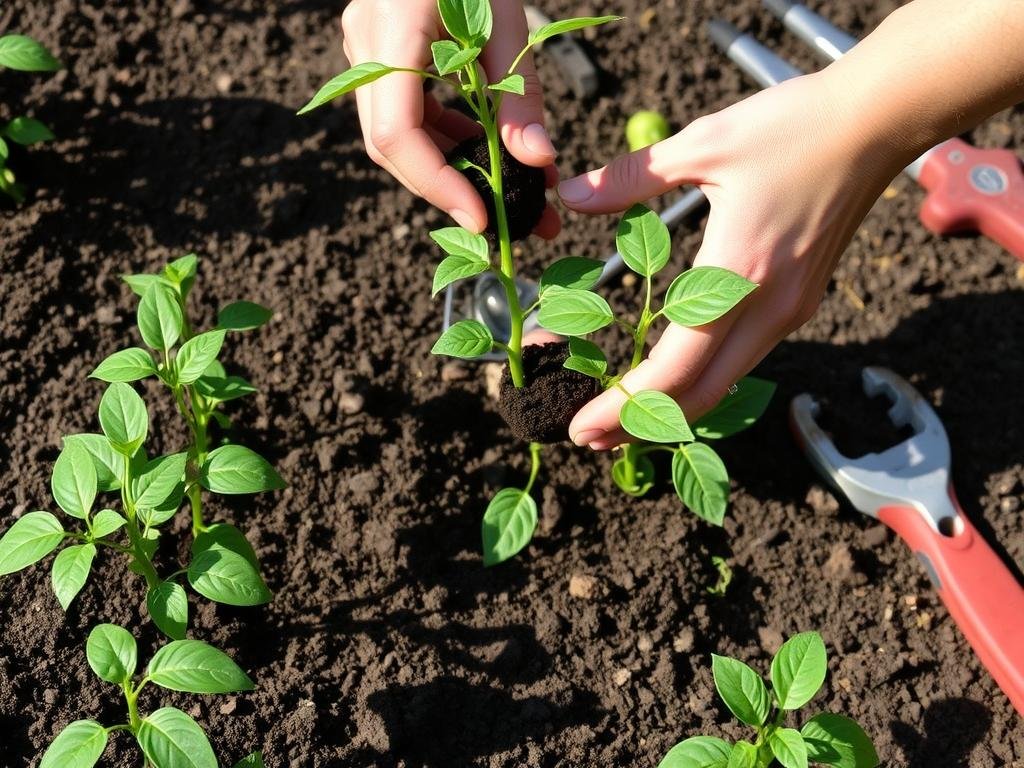 Trasplante de plántulas de pimiento a su ubicación definitiva en el huerto