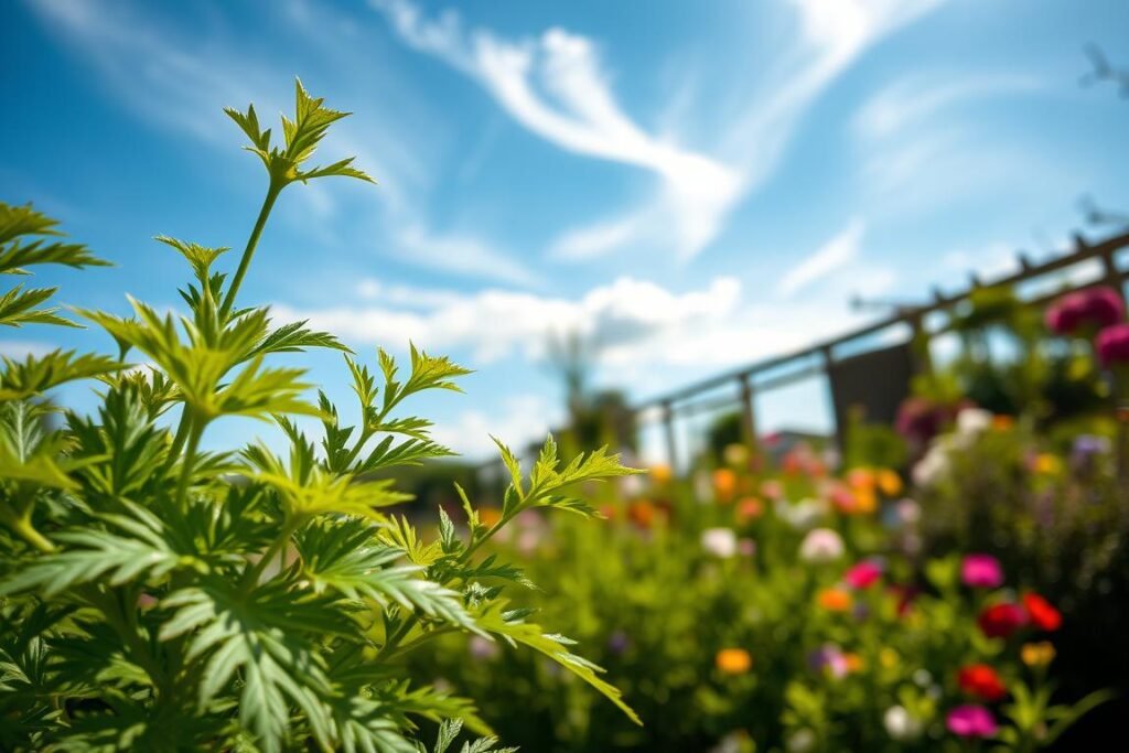 Vibrant spring day, lush foliage of a citronella plant in the foreground, its signature serrated leaves glistening in the warm sunlight. Wispy clouds drift across a tranquil blue sky in the middle ground, hinting at ideal growing conditions. In the background, a picturesque garden filled with colorful blooms and verdant vegetation, creating a harmonious, soothing atmosphere. Soft, diffused lighting illuminates the scene, emphasizing the plant's natural beauty. A cinematic, 35mm lens perspective captures the essence of the perfect moment to cultivate this versatile, mosquito-repelling herb. Vibrant spring day, lush foliage of a citronella plant in the foreground, its signature serrated leaves glistening in the warm sunlight. Wispy clouds drift across a tranquil blue sky in the middle ground, hinting at ideal growing conditions. In the background, a picturesque garden filled with colorful blooms and verdant vegetation, creating a harmonious, soothing atmosphere. Soft, diffused lighting illuminates the scene, emphasizing the plant's natural beauty. A cinematic, 35mm lens perspective captures the essence of the perfect moment to cultivate this versatile, mosquito-repelling herb.