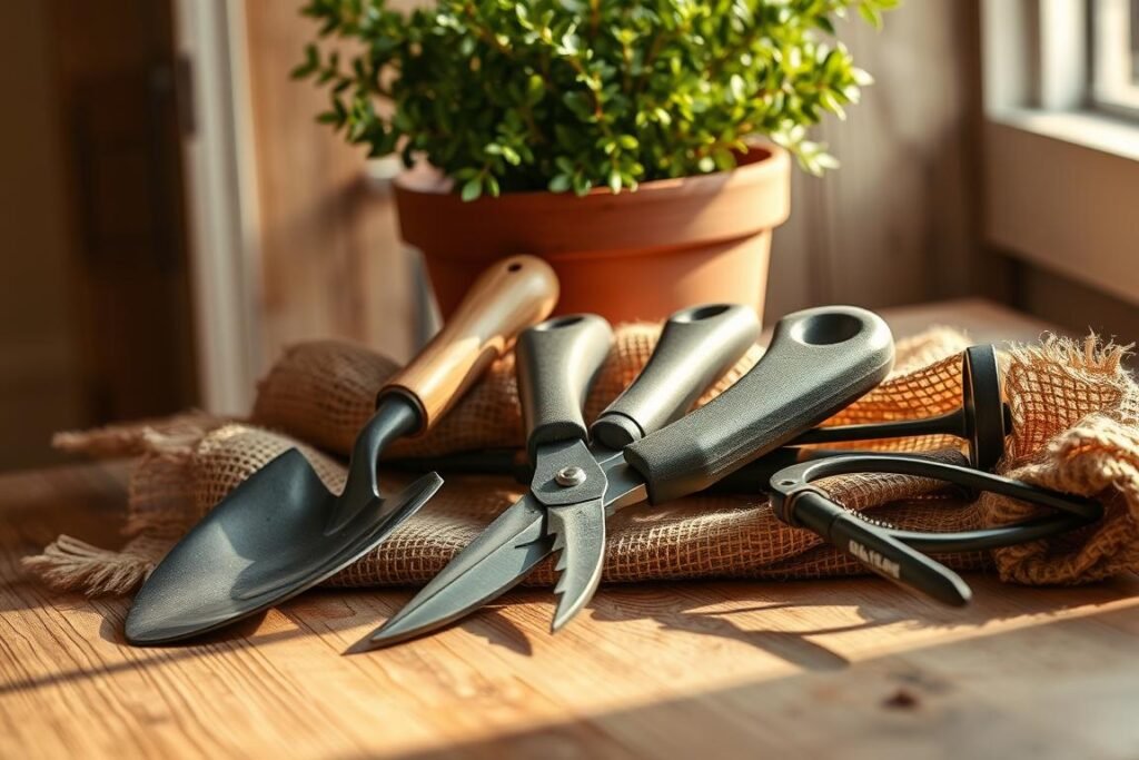 a detailed still life scene of gardening tools arranged on a wooden table, including a small shovel, pruning shears, a trowel, and a small hand rake, all resting on a burlap cloth with a potted laurel plant in the background, illuminated by warm, natural lighting coming from the side, creating soft shadows and highlights, with a calm, earthy atmosphere