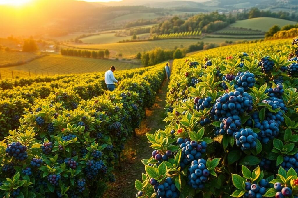 a lush, verdant blueberry farm with neat rows of bushes laden with ripe, plump berries. A warm, golden afternoon sun casts a soft, diffuse light across the scene, highlighting the vibrant greens of the foliage and the deep blues of the berries. In the foreground, a few workers carefully hand-pick the berries, their movements graceful and deliberate. The middle ground features neatly pruned bushes, their branches bowing under the weight of the fruit. In the background, rolling hills covered in a patchwork of other crops and woodlands create a picturesque, rural landscape. The overall atmosphere is one of tranquility, abundance, and the gentle rhythm of agricultural labor.