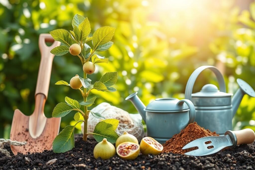 materials to plant a fig tree, including a young fig tree sapling, a garden spade, a watering can, organic compost, and a gardening trowel, set against a backdrop of a lush, green garden with sunlight filtering through the leaves, creating a warm, inviting atmosphere for a successful fig tree planting materials to plant a fig tree, including a young fig tree sapling, a garden spade, a watering can, organic compost, and a gardening trowel, set against a backdrop of a lush, green garden with sunlight filtering through the leaves, creating a warm, inviting atmosphere for a successful fig tree planting