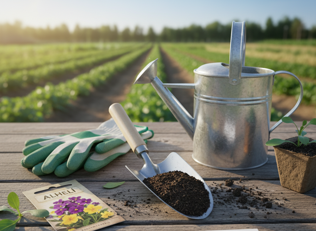 A lush, beautifully lit garden scene featuring an assortment of gardening tools arranged neatly on a wooden table. In the foreground, a pair of pruning shears, a trowel, and a small hand cultivator stand out against a backdrop of verdant foliage. In the middle ground, a watering can and a pair of gardening gloves rest alongside a packet of marigold seeds, hinting at the task at hand. The background is softly blurred, drawing the viewer's focus to the tools and materials necessary for planting marigolds. The overall composition conveys a sense of organization, care, and the joy of gardening.