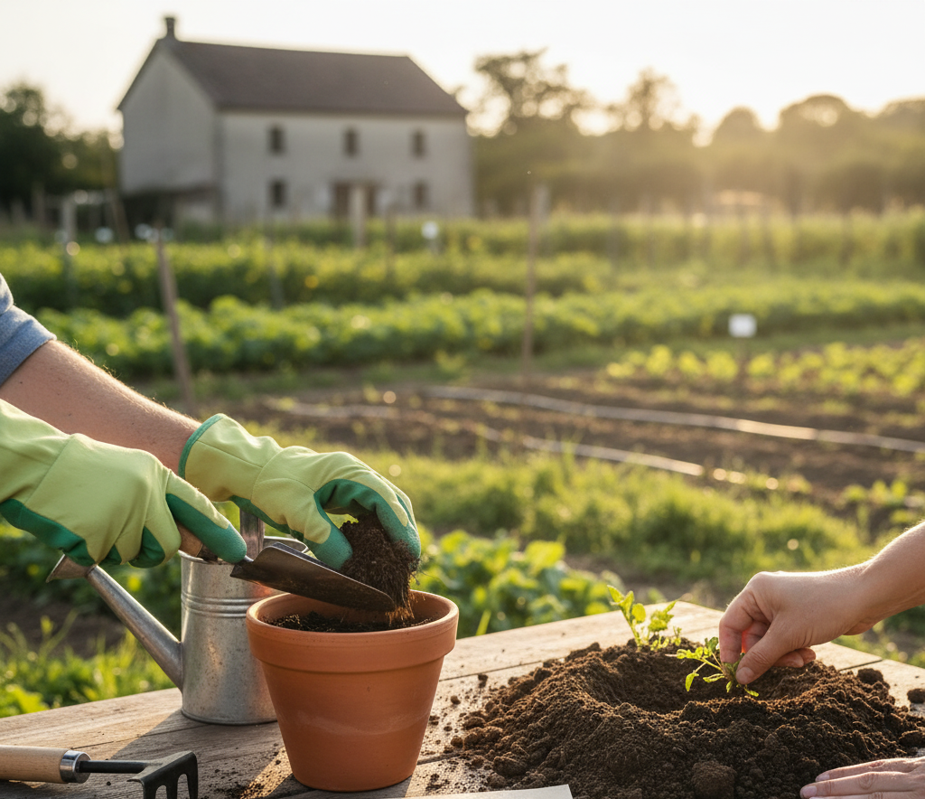 A lush, sun-dappled garden scene, with a freshly tilled and smoothed soil bed in the foreground, ready for planting. Scattered around the bed are gardening tools - a trowel, a rake, and a pair of gloves, hinting at the careful preparation of the soil. In the middle ground, verdant foliage frames the scene, with tall leafy plants and a few vibrant flowers peeking through. The background is a serene, hazy landscape, with rolling hills and a bright, azure sky overhead, conveying a sense of tranquility and anticipation for the blooms to come. The overall atmosphere is one of quiet, focused cultivation, with a warm, golden light suffusing the entire composition.