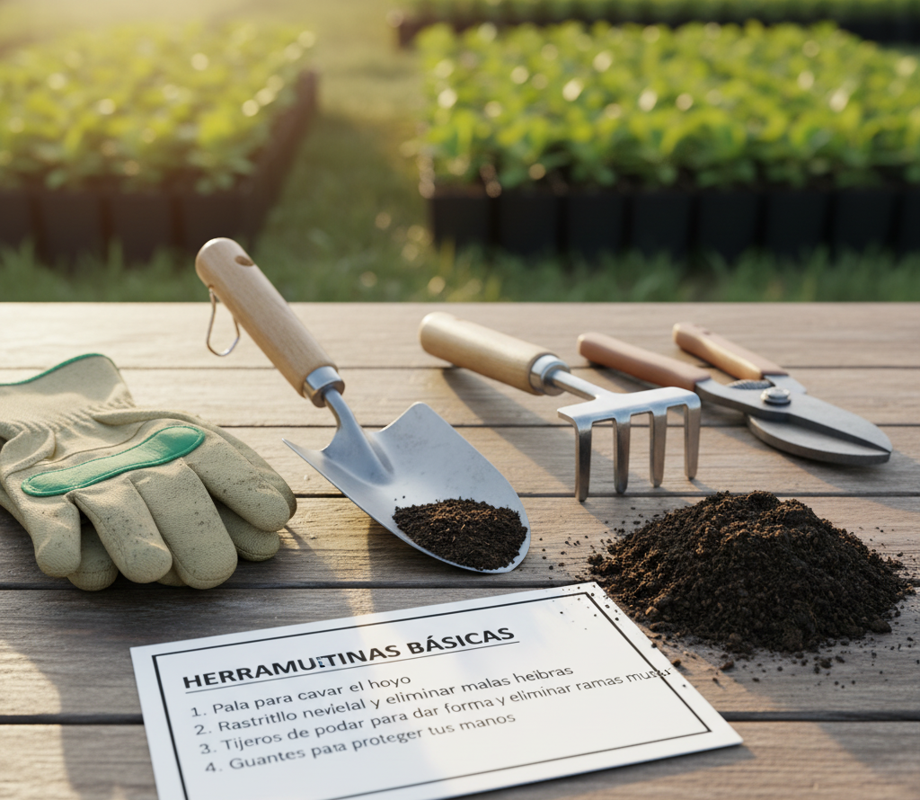 Detailed still life of gardening tools for planting an almond tree. Foreground features a wooden trowel, pruning shears, and a small shovel with a metal head and wooden handle. Middle ground shows a burlap sack of potting soil and a gardening glove. Background has a terra cotta planter, a small watering can, and a few river rocks. Soft, natural daylight illuminates the scene from the left, casting subtle shadows. Items are arranged neatly on a weathered wooden surface, conveying a sense of preparedness and care for the almond tree planting process. Overall, a tranquil, rustic composition highlighting the essential tools needed for this gardening task.